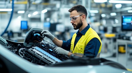 A technician working on an electric vehicle, showcasing precision and expertise in automotive engineering and technology.