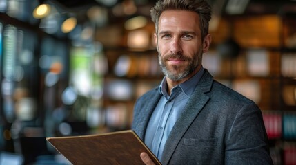 A man in a gray blazer holding a folder inside a modern library during the day