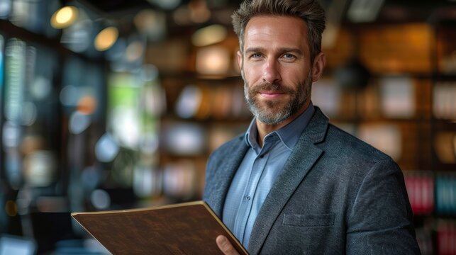 A man in a gray blazer holding a folder inside a modern library during the day