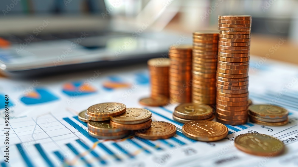 Poster stacked coins on a financial report with bar graphs and a laptop in a modern office setting