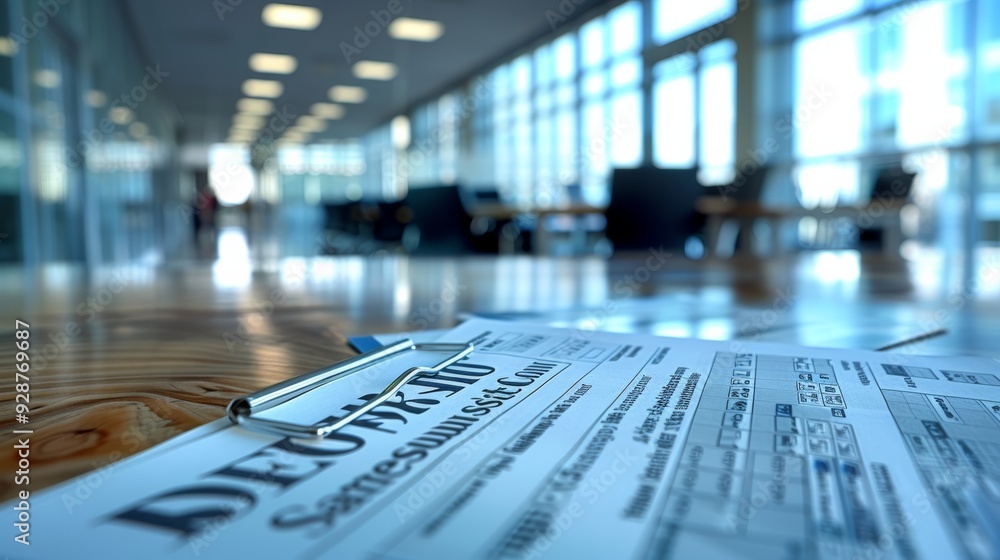 Poster document on a table in a modern office space with large windows and soft lighting