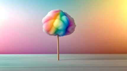 A whimsical cotton candy tree with vibrant rainbow colors against a soft gradient background, perfect for playful themes.