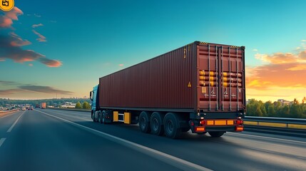 A vibrant sunset scene featuring a large truck transporting a shipping container on a highway, symbolizing logistics and transport.