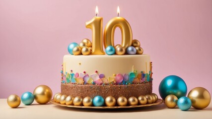 A tenth-anniversary celebratory cake with lit candles