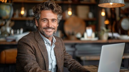 Fototapeta premium A man with curly hair smiles while working on a laptop in a cozy café during the afternoon