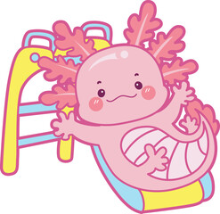 Illustration of cute axolotl activities icon.
Funny pink axolotl in daily routine stickers.