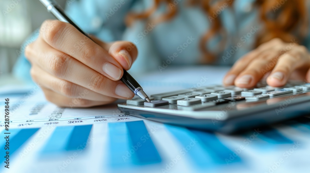 Poster a person calculating figures using a calculator while reviewing financial charts in a bright office 
