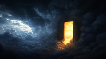 Bright opportunity emerging from a Pandora box, dark clouds of threats surrounding.