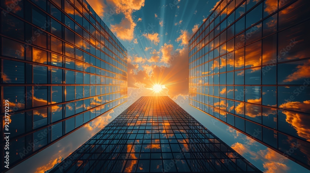 Poster sunset view between skyscrapers in an urban setting with clouds reflecting on glass surfaces