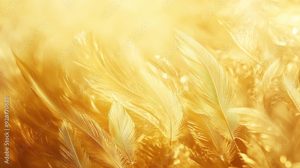 Poster a soft, golden background featuring delicate feathers, creating a warm and ethereal atmosphere.