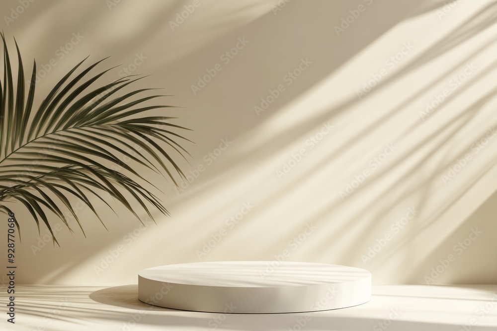 Poster a soft beige backdrop and a sleek modern podium create the perfect setting for showcasing products. 