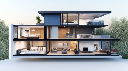 a model of a modern two-story house cross-section with an interior view