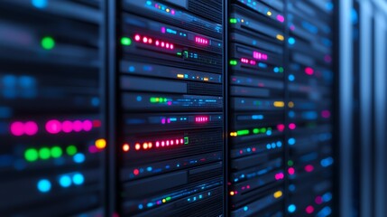Naklejka premium Close-up view of server racks with colorful LED indicators showcasing modern technology and data storage solutions.