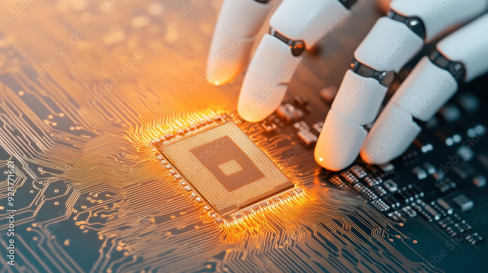 Poster a glowing ai-powered robotic hand holding a microchip, symbolizing the precision and advancement of 