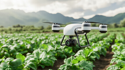 An AI-powered autonomous farm with robotic harvesters and drones, symbolizing the future of agriculture 