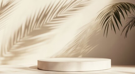 Obraz premium A beige backdrop features a circular podium with soft palm shadows, creating an elegant setting for eyecatching product displays and captivating mockups, ensuring both style and effectiveness