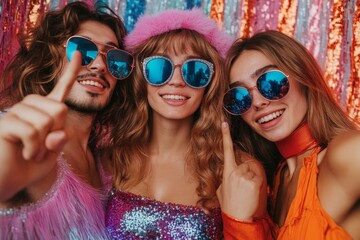 Happy friends point fingers at camera inviting you to join 70s style fancy dress fun groovy disco party. Funny photobooth group portrait of excited young people at New Year Eve, Generative AI