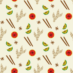 Vector seamless pattern with ginger and lemon on pastel background. Modern design for fabric and paper, surface textures. 