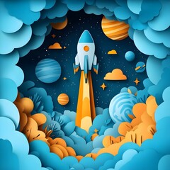 A white rocket ship blasts off into a dark blue sky, surrounded by colorful clouds and planets. The illustration is in a paper cut style.