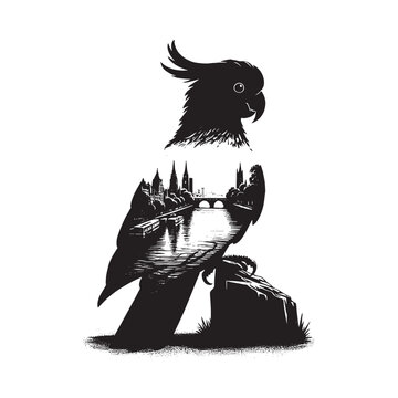 recommend clip art: silhouette of Cockatoo filled with river view in rough drawing