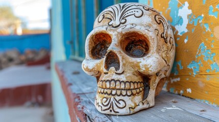 A white skull with brown designs on it is sitting on a wooden ledge
