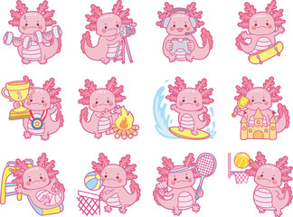 Illustration of cute axolotl activities icon.
Funny pink axolotl in daily routine stickers.