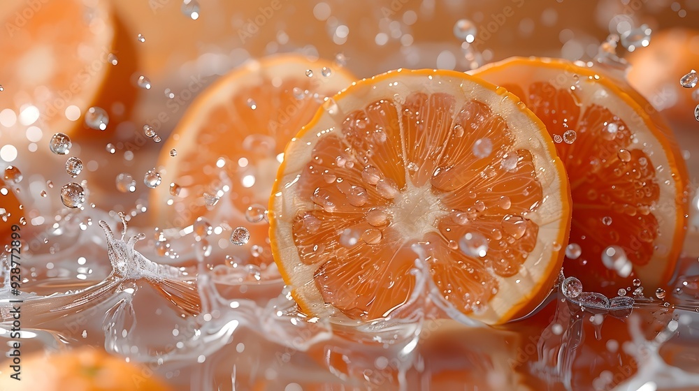 Poster fresh orange slices splash into a pool of water, creating a vibrant and refreshing scene.