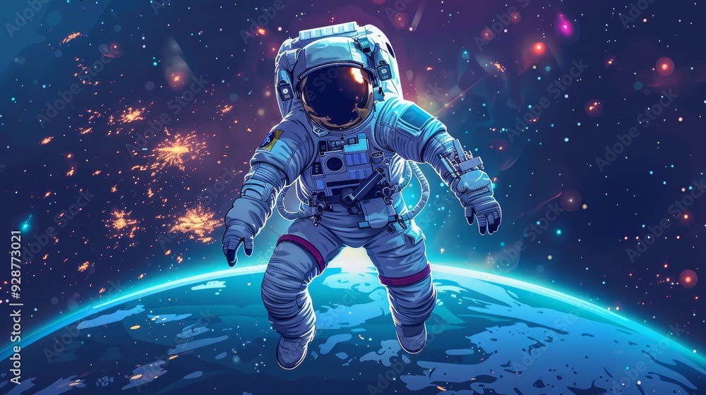Poster cartoon vector astronaut floating in space with earth in the background