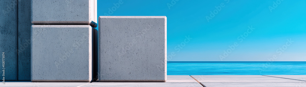 Poster a row of gray blocks with a blue sky in the background