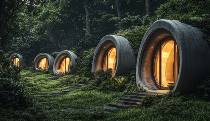 Obraz premium A row of small, round houses with glowing windows nestled in the forest