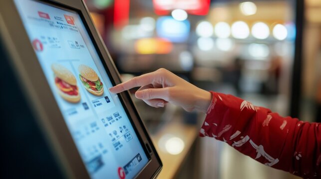 A person interacts with a touchscreen menu to select food options in a lively restaurant setting.