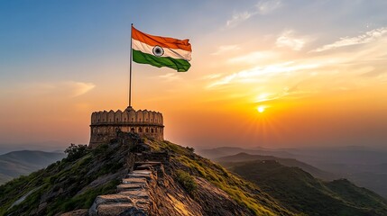Majestic sunset over a fortress with the Indian flag waving proudly, symbolizing heritage and national pride.