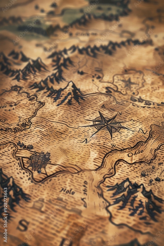 Poster a close-up view of a map on a table with detailed features and markings