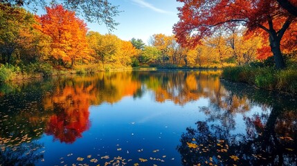 Fototapeta premium tranquil lake surrounded autumn foliage nature landscape, serene, peaceful, calm, scenic, fall, colors, water, trees, reflection, picturesque, view, idyllic
