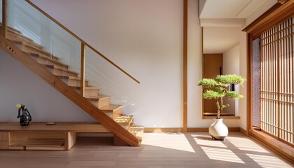 Modern Minimalist Japanese Home Interior Design With Wooden Stairs And Light