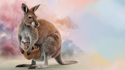  A mother kangaroo with her baby joey resting on the grass in the Australian wildlife