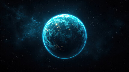 Fototapeta premium Stunning digital artwork of a glowing blue planet with a vibrant atmosphere floating in space. Perfect for sci-fi and space themes.