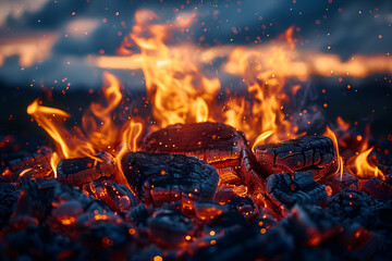 Detailed image of burning logs, with flames dancing and embers glowing, creating a cozy and warm atmosphere.