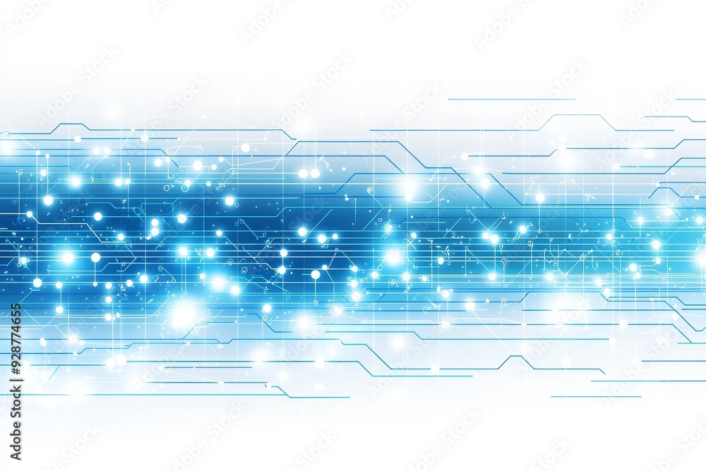 Poster concept of technology and connectivity with an abstract blue and white circuit design on a clean bac