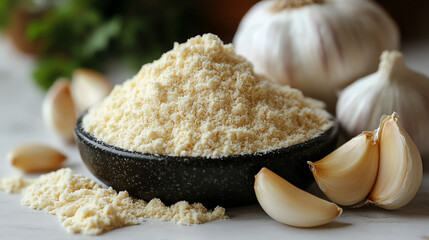 A mound of garlic powder with fresh garlic cloves and bulbs beside it, all on a white surface with bright