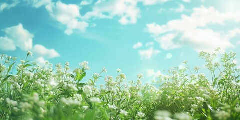 Soft focus bottom view of green steppe with small white flowers against a backdrop of blue sky with text space