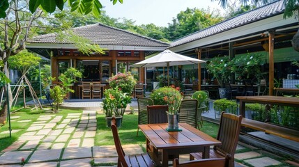 Obraz premium chairs with coffee table and umbrella near green grass lawn