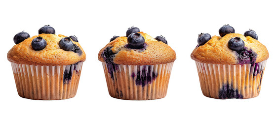 three piece of blueberry muffins isolated on transparent background of different muffins. side view.