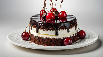 Stock Photography black forest gateau cake slice tasty food,chocolate cream cake with cherry, Black forest cake topped with fresh cherries, selective focus