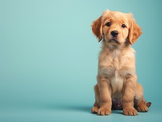 A cute golden retriever puppy sitting on a solid p  262 dog, retriever, golden, pet, animal, golden retriever, canine, cute, puppy, white, isolated, labrador, happy, breed, portrait, domestic, purebre