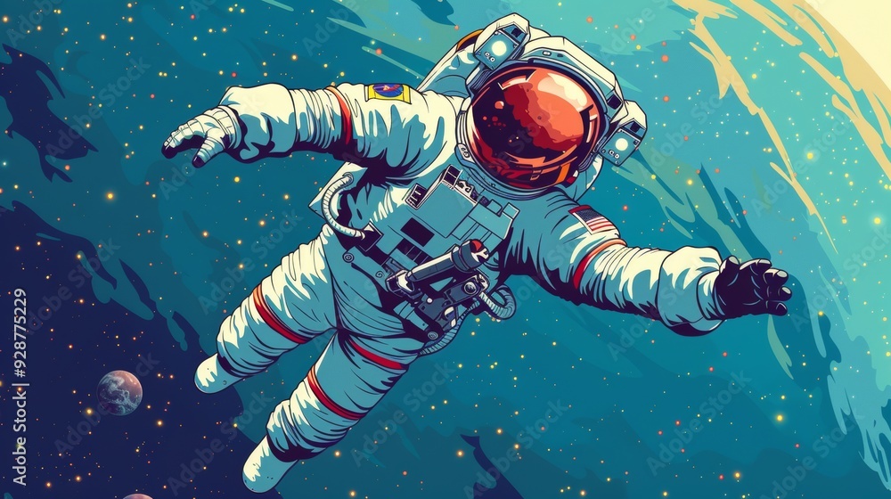 Poster cartoon vector astronaut floating in space with earth in the background