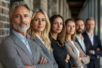 Fototapeta premium a show of unity, a row of Caucasian businesspeople poses for a group photo, showcasing their collective vision for the successful business corporation., Generative AI
