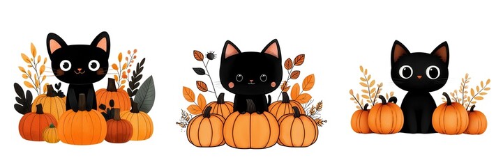 Charming black cats among vibrant pumpkins and autumn leaves, perfect for fall and Halloween themes.