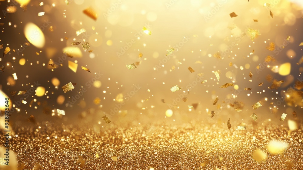 Poster a sparkling golden background with confetti, creating a festive atmosphere.