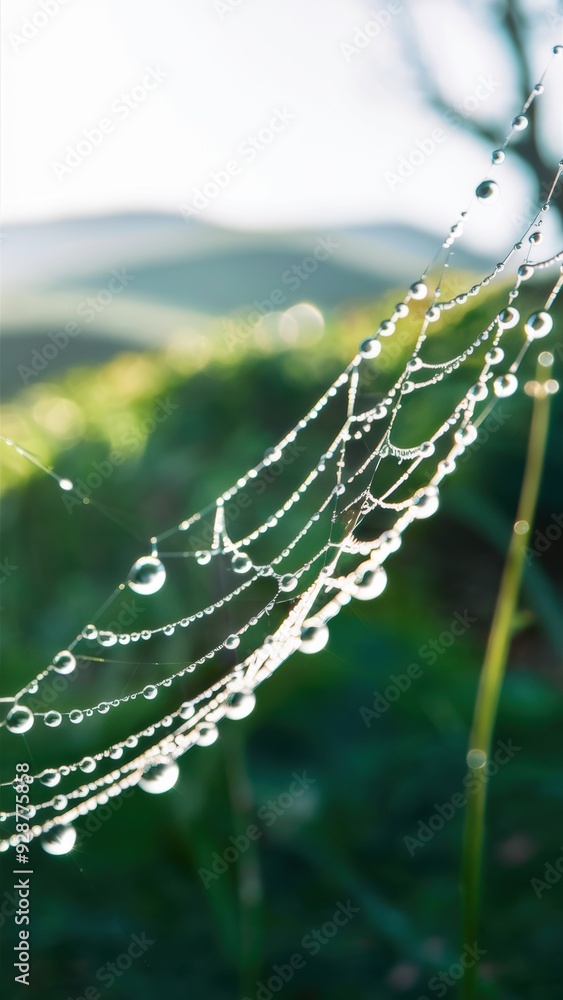 Sticker A spider web with dew drops on it in the sun, AI